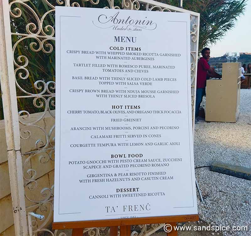 Antonin Under the Stars menu